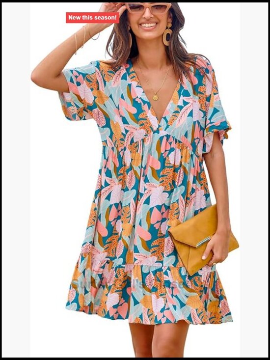 Dresses & Skirts - Tropical Ruffled Mini Dress V-Neck Short Sleeve Rayon A-Line Summer Casual